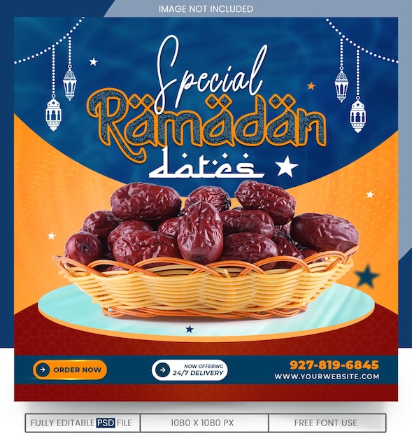 PSD restaurant food social media banner post design template special ramadan dates iftar package design