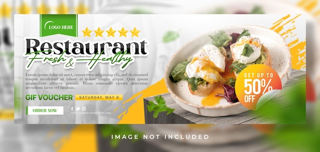 PSD promozione del menu di cibi freschi e sani del ristorante con modello di banner per copertina facebook in vendita scontata