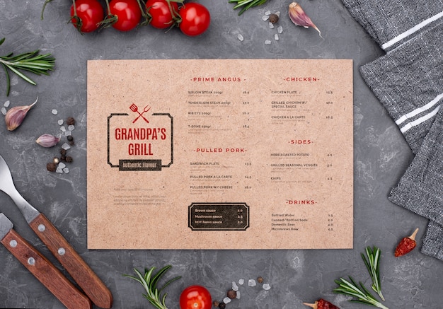 PSD concetto di menu del ristorante mock-up