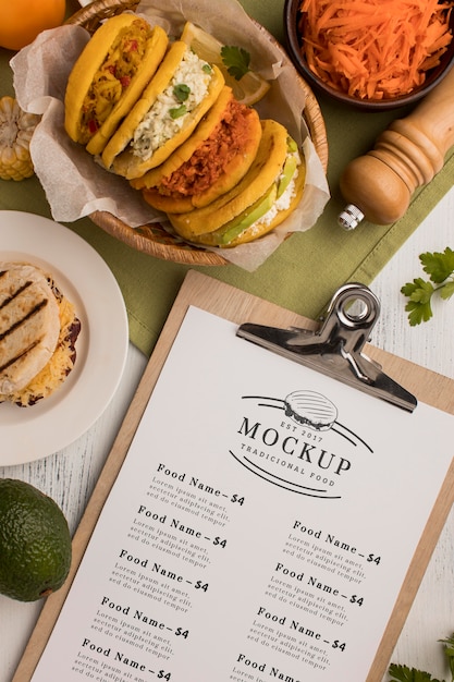 Restaurant menu mock-up and food