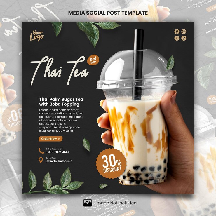 PSD restaurant menu thai tea with boba media social post template