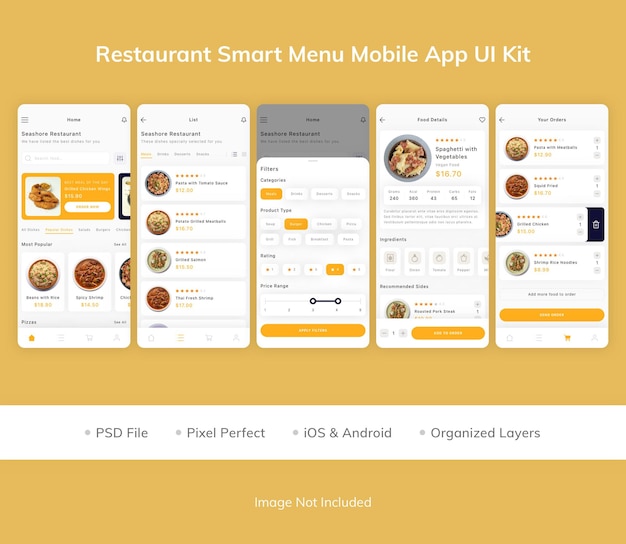 Комплект пользовательского интерфейса мобильного приложения smart menu ресторана