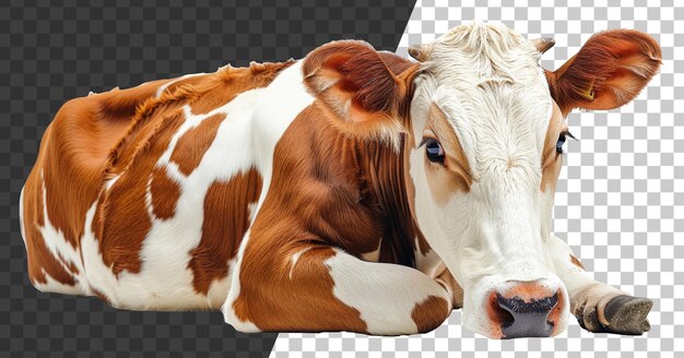 Resting dairy cow with brown and white patches on transparent background stock png