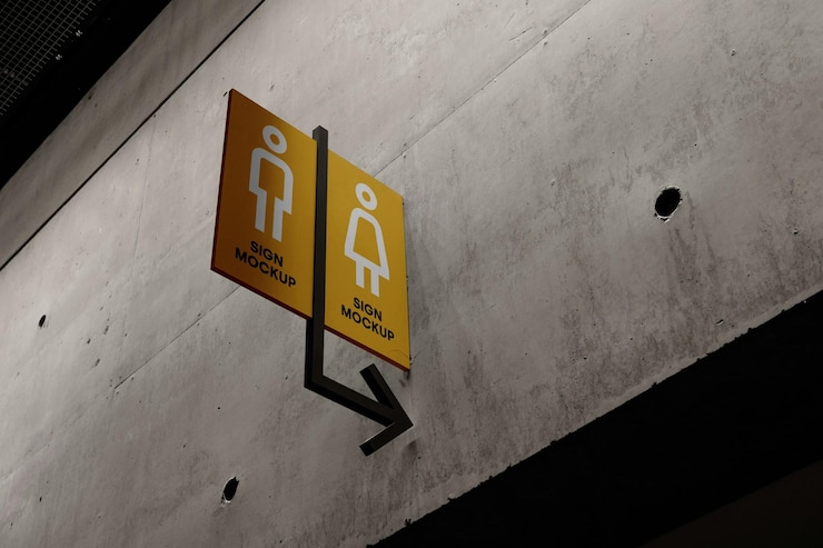 PSD restroom signage on concrete wall