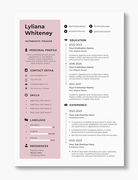 PSD resume or curriculum vitae minimalist concept