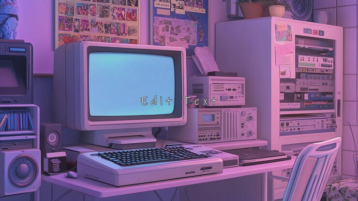 PSD retro 80s computer setup with blank screen