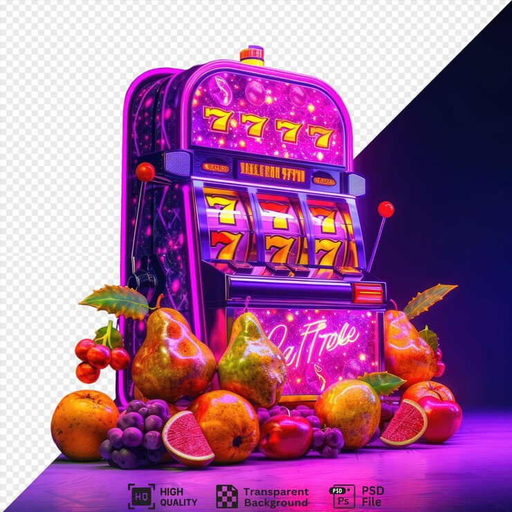 retro 80s slot machine with neon lights and classic fruit symbols set isolated on transparent background