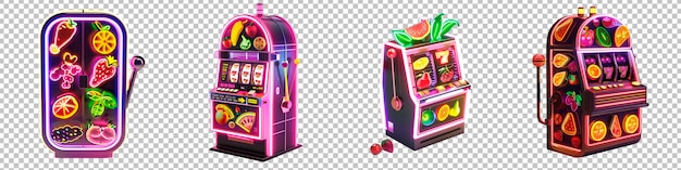 Retro 80s Slot Machine Z Neonowymi światłami I Klasycznymi Symbolami Owocowymi Zestawionymi Na Przezroczystym Tle