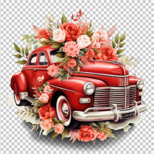 PSD retro auto speelgoed met rode rozen bloemen met transparante achtergrond