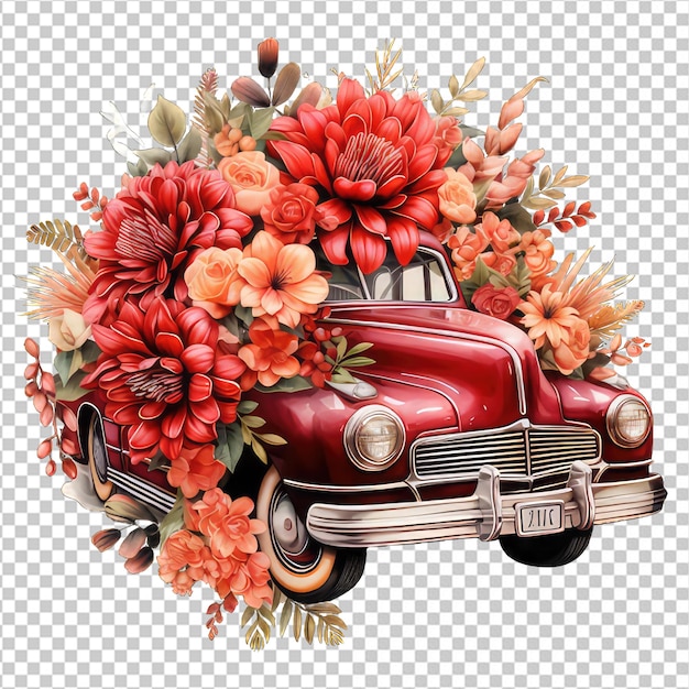 PSD retro auto speelgoed met rode rozen bloemen met transparante achtergrond