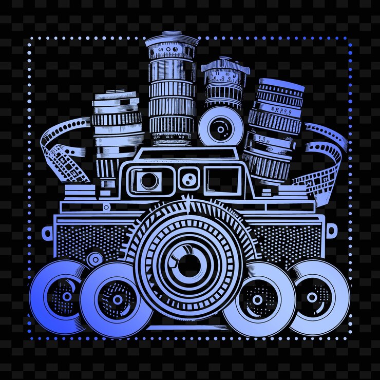 PSD retro camera folk art with film strip pattern and lens detai illustration decor motifs collection