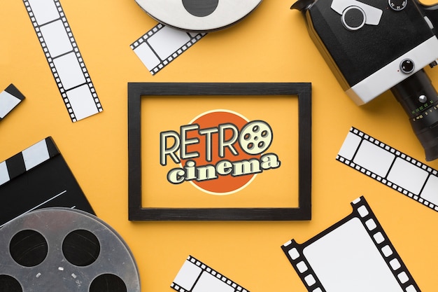 PSD retro cinema mock-up in frame and props