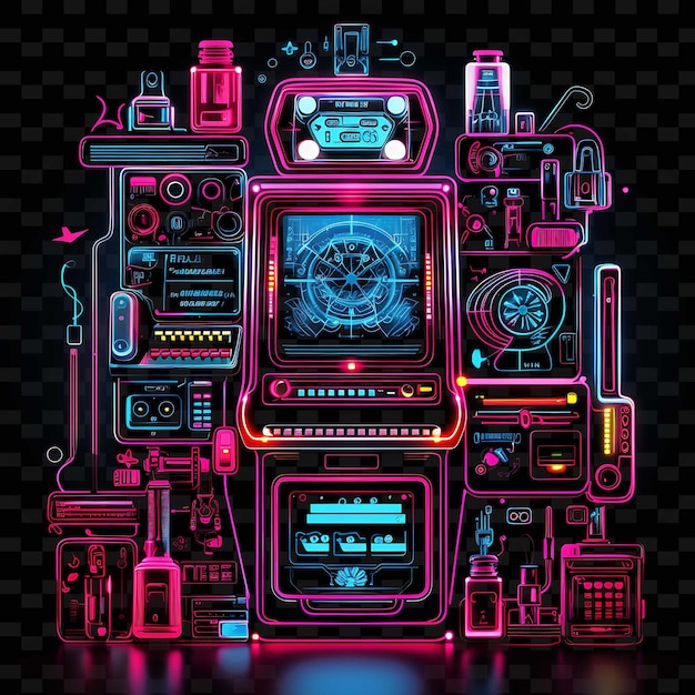 PSD retro cyberpunk vibrant neon lines old school arcade machine png y2k shapes transparent light arts