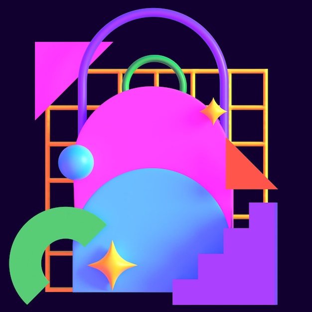 Retro Futuristische Neon Geometrische Compositie 3D Render