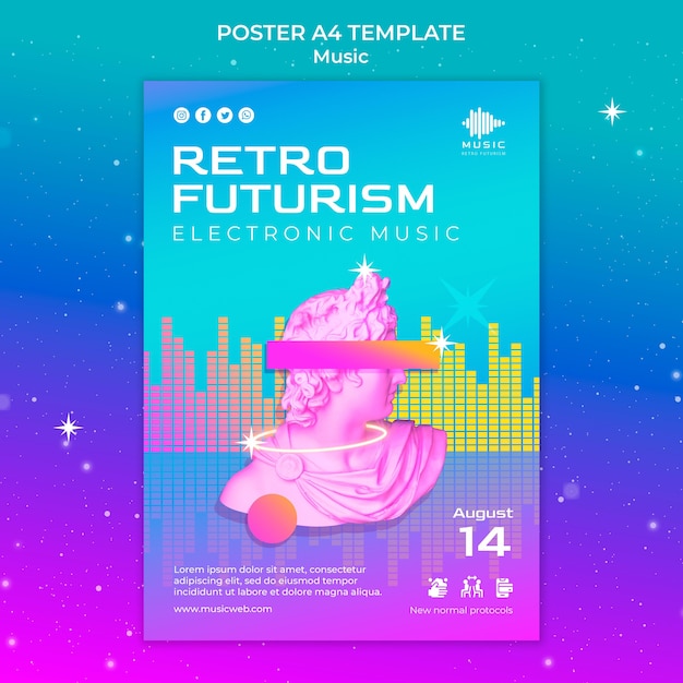 PSD retro futurystyczny pionowy plakat szablon na festiwal muzyczny