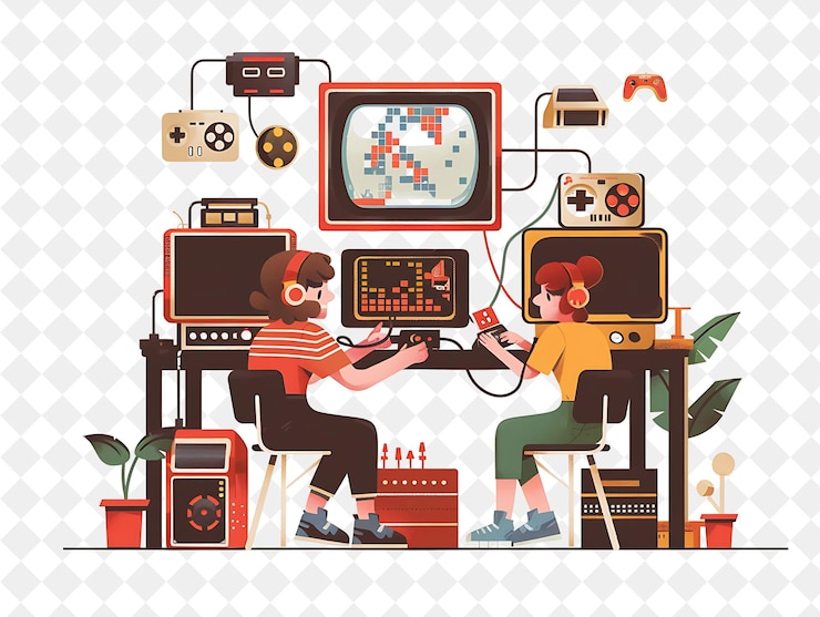 PSD retro game designer with characters designing pixel art and png people in daily work illustration