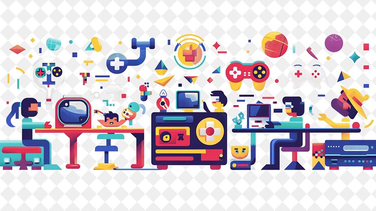 PSD retro game designer with characters designing pixel art and png people in daily work illustration