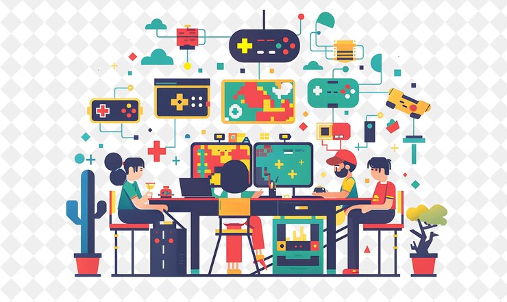 PSD retro game developer with characters designing and playing v png people in daily work illustration