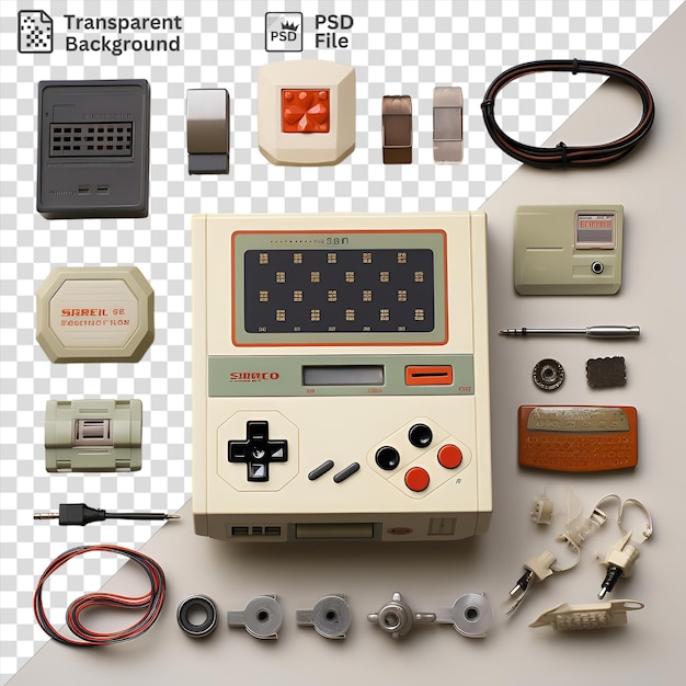 PSD retro gaming console and games set up on a transparent background with a red button and a gray and silver camera