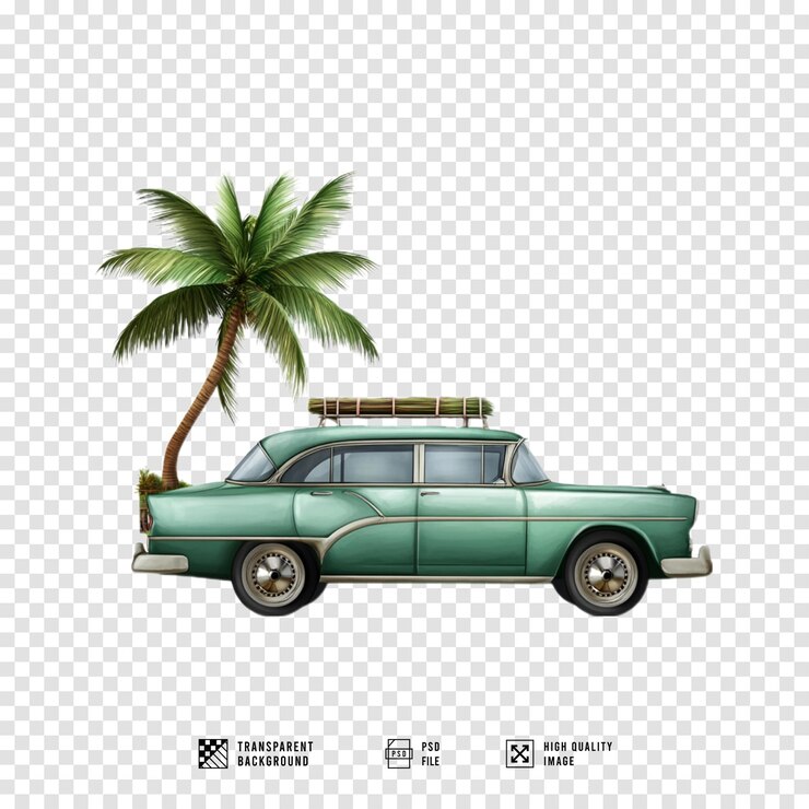 PSD 一輛綠色復古車,屋頂上有行李箱,棕樹代表夏季假期概念