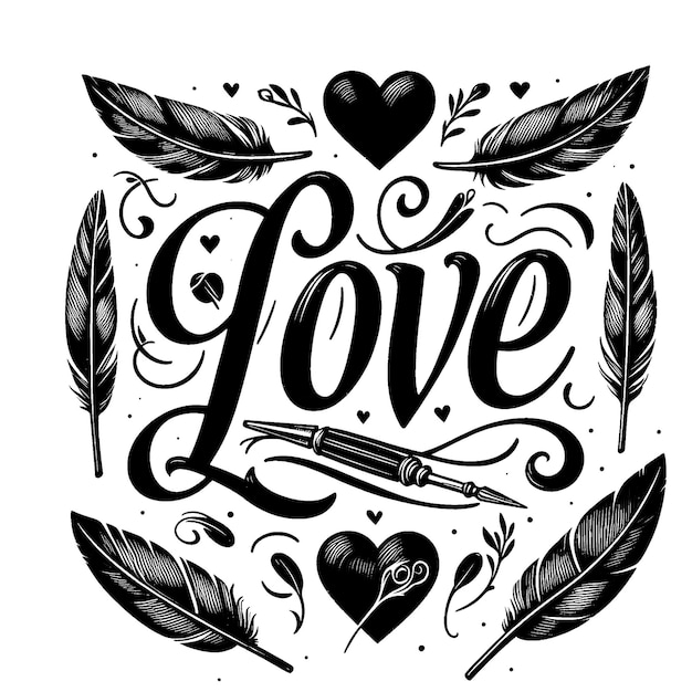 PSD retro hand drawn cut out black and white love calligraphy on transparent background