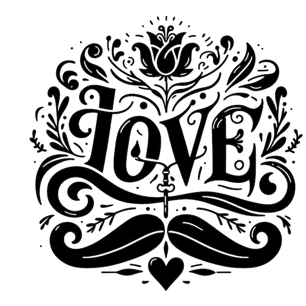 PSD retro hand drawn cut out black and white love calligraphy on transparent background