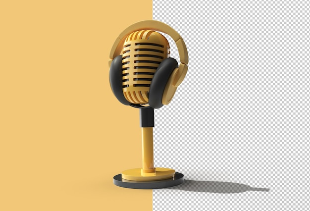PSD 短い脚のレトロなマイクとヘッドフォン透明psdファイルで立っています。