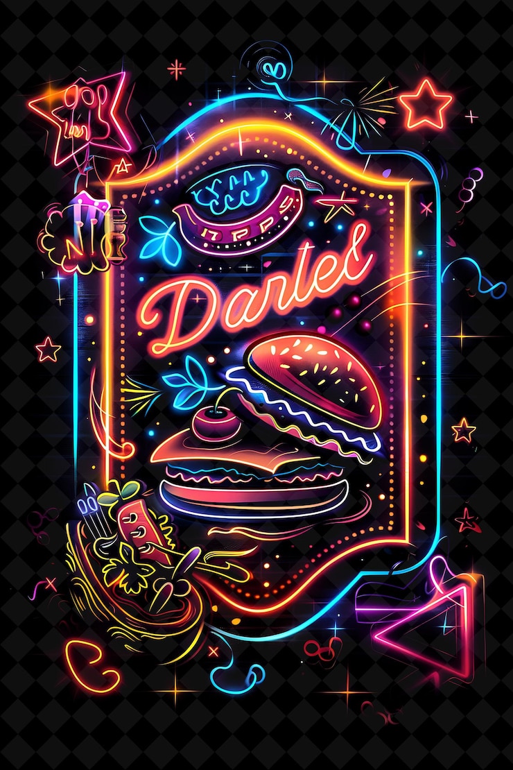 PSD retro neon diner sign arcane frame z klasycznymi elementami diner neon color frame y2k art collection