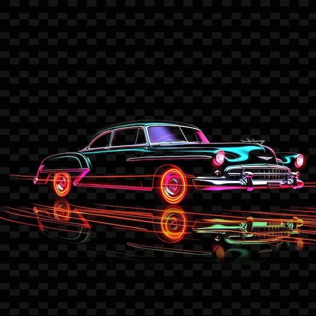 PSD retro neon noir gloeiende neonlijnen vintage auto's strak zilver png y2k-vormen transparant licht arts