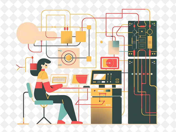 PSD retro network administrator with characters managing and mai png people in daily work illustration