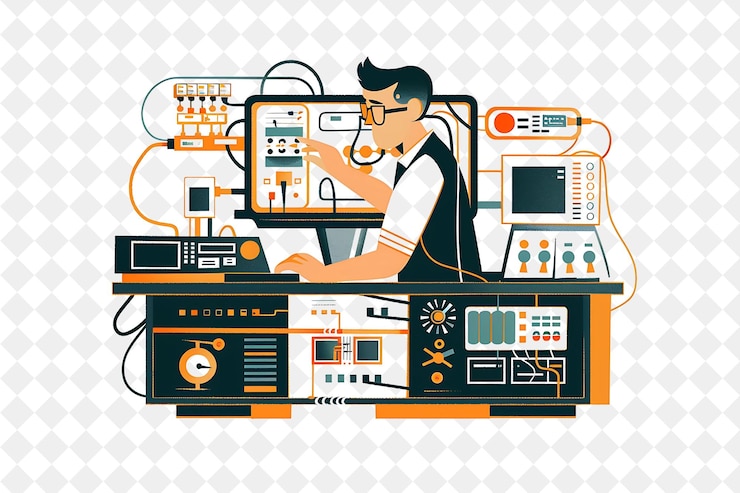 PSD retro network administrator with characters managing and mai png people in daily work illustration
