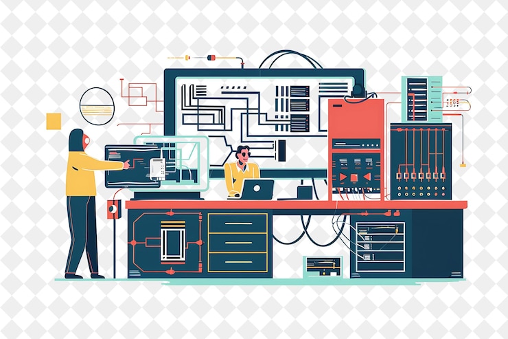 PSD retro network administrator with characters managing and mai png people in daily work illustration