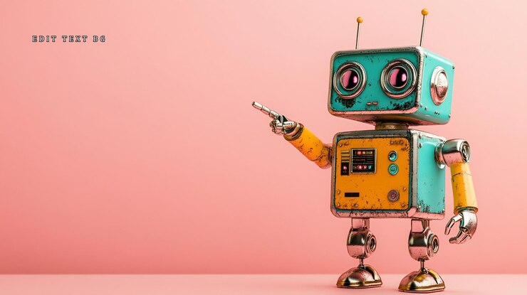 Retro robot pointing on pink background