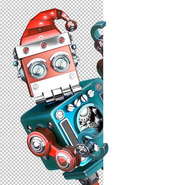 Retro santa robot kijkt uit achter het lege bord