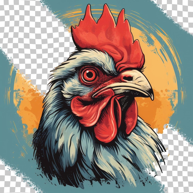 Illustrazione in stile retrò dell'occhio di un otturatore della fotocamera su uno sfondo trasparente che ricorda una testa di gallo