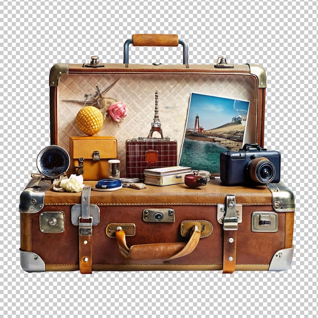 PSD retro suitcase with summer traveler object on transparent background