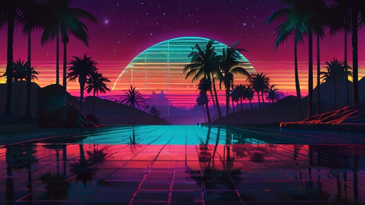 PSD retro synthwave neoncolored 80sinspired landscape z futurystycznymi wibracjami
