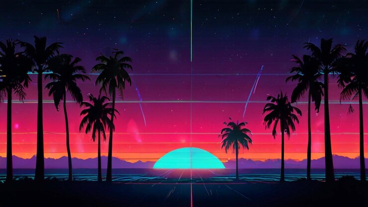 PSD retro synthwave neoncolored 80sinspired landscape z futurystycznymi wibracjami