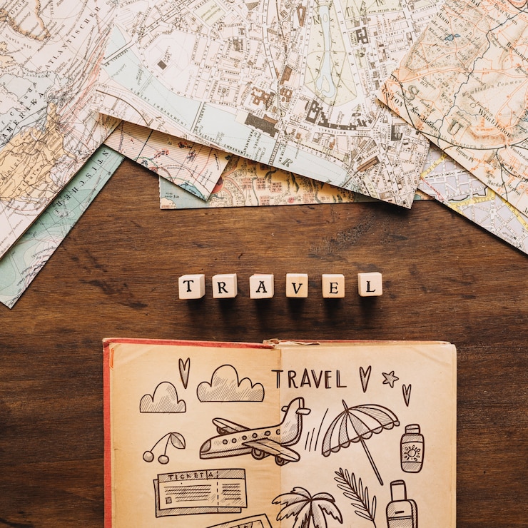 PSD retro travel concept mockup with diary