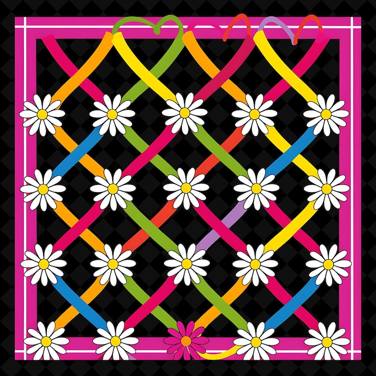 PSD retro trellis made from plastic colorful design with daisies outline natural decorative design