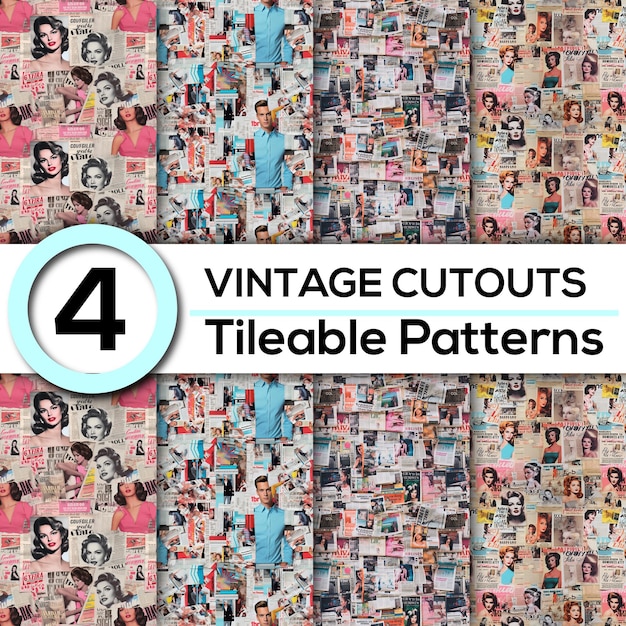 PSD retro vibes 4 seamless vintage magazine cutout patterns for backgrounds and backdrops