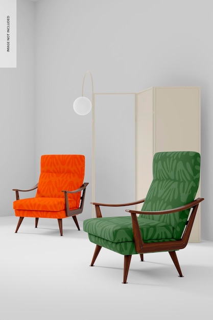 Retro wooden armchairs mockup, right view