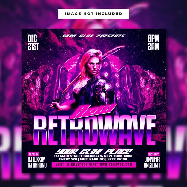 Retrowave party square flyer instagram post psd szablon