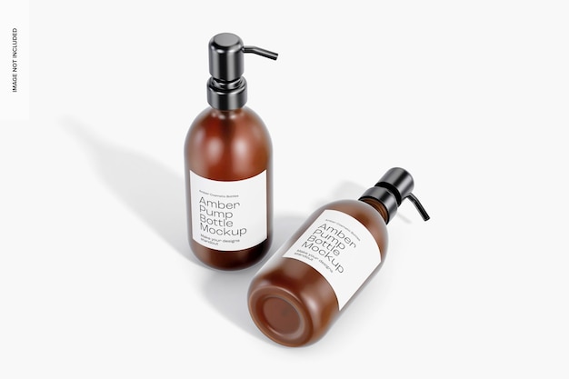 Reusable Amber Pump Bottles Mockup, Standing and Dropped