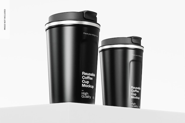 PSD reusable coffee cups mockup, perspective