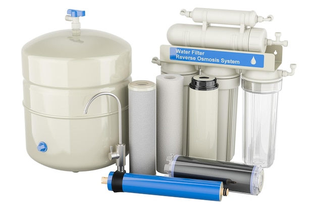 PSD reverse osmosis system with water filters carbon filters and cartridge membrane 3d rendering isolated on transparent background