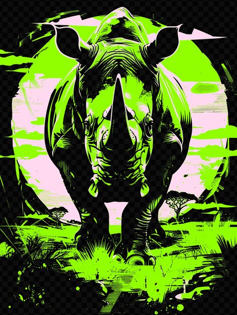 Rhino charging towards the viewer with a savannah background psd art design concept poster banner