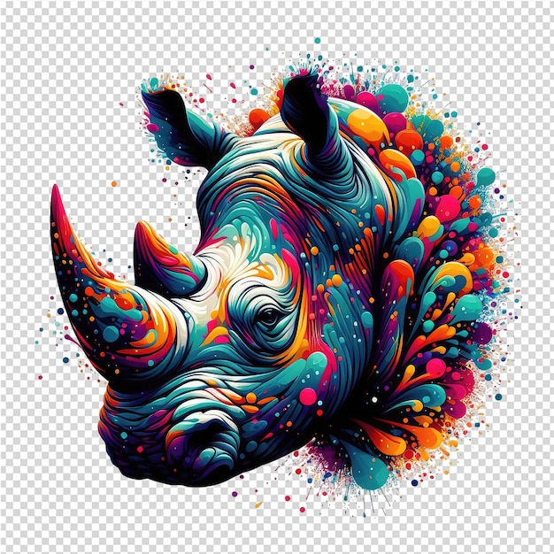 PSD un rinoceronte con macchie colorate e colorate è disegnato su uno sfondo bianco