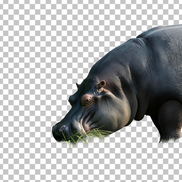 PSD a rhinoceros is eating grass in front of a grid with a blurry background