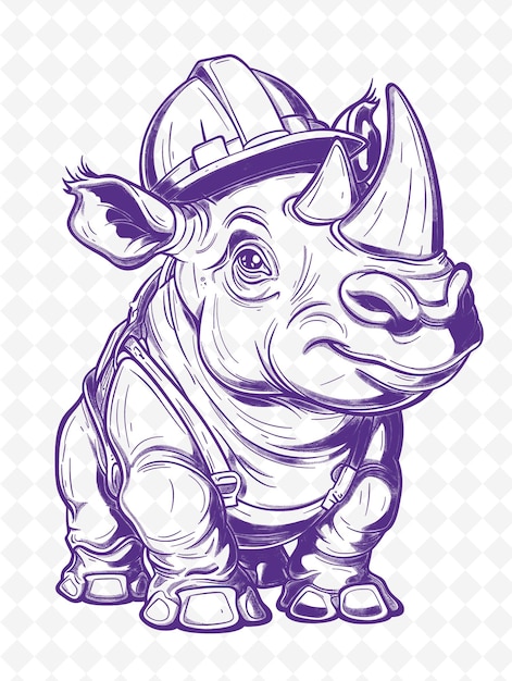 PSD rhinoceros met een harde hoed en een stoere uitdrukking poster des animals sketch art vector collections